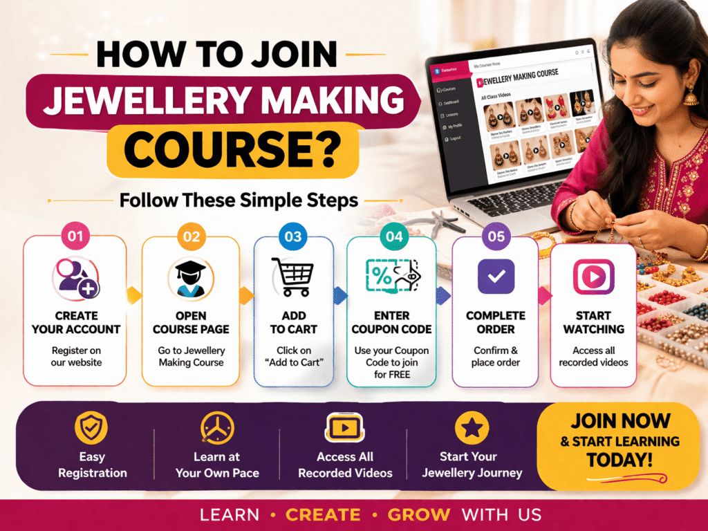 ज्वेलरी मेकिंग कोर्स कसा जॉइन करावा? Account तयार करा, course add to cart करा, coupon वापरून free access मिळवा आणि recorded videos पाहा.